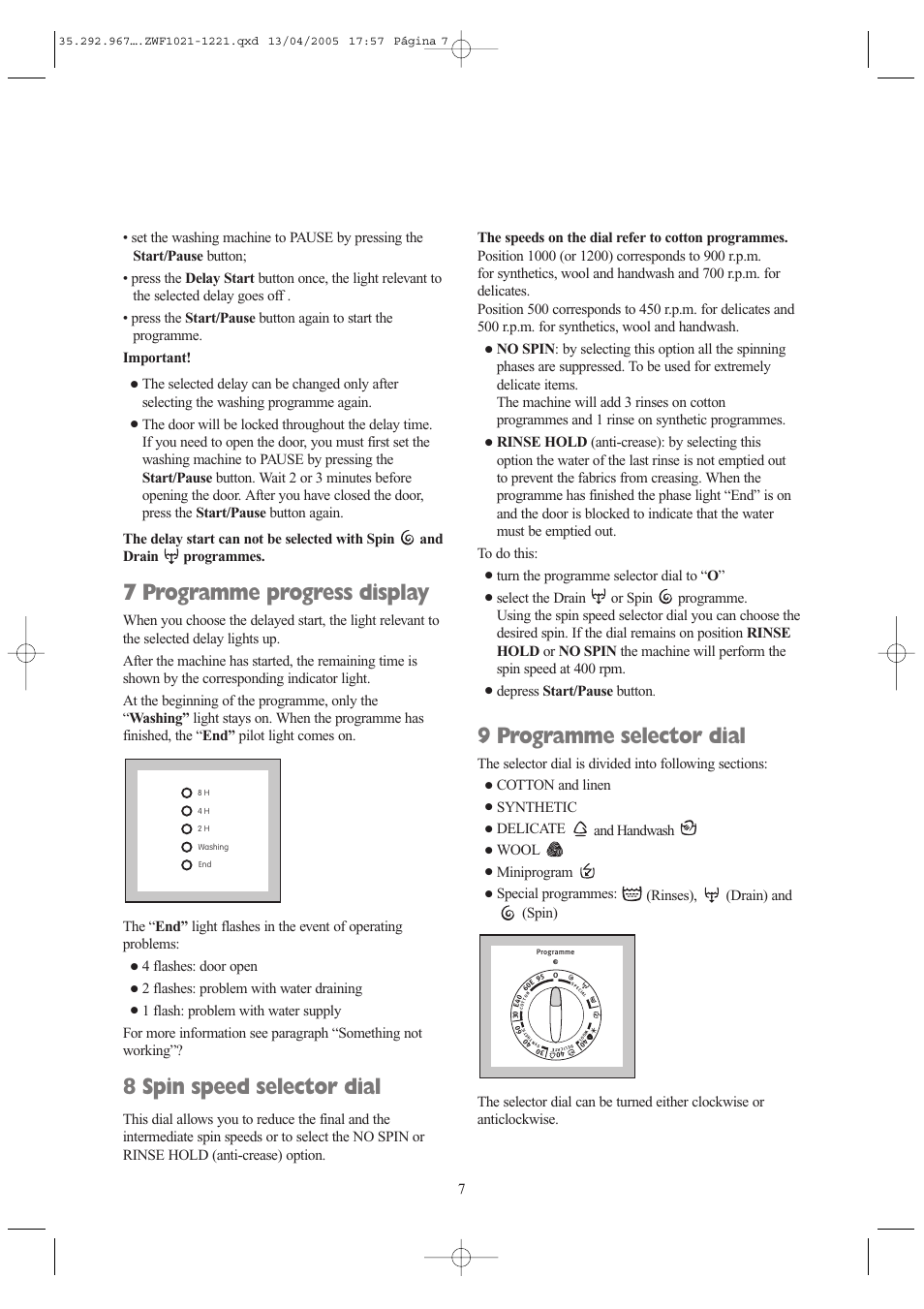 7 programme progress display, 8 spin speed selector dial, 9 programme selector dial | 4 flashes: door open, 2 flashes: problem with water draining, Turn the programme selector dial to “ o, Depress start/pause button, Cotton and linen, Synthetic, Delicate and handwash | Zanussi ZWF 1021 W User Manual | Page 7 / 28