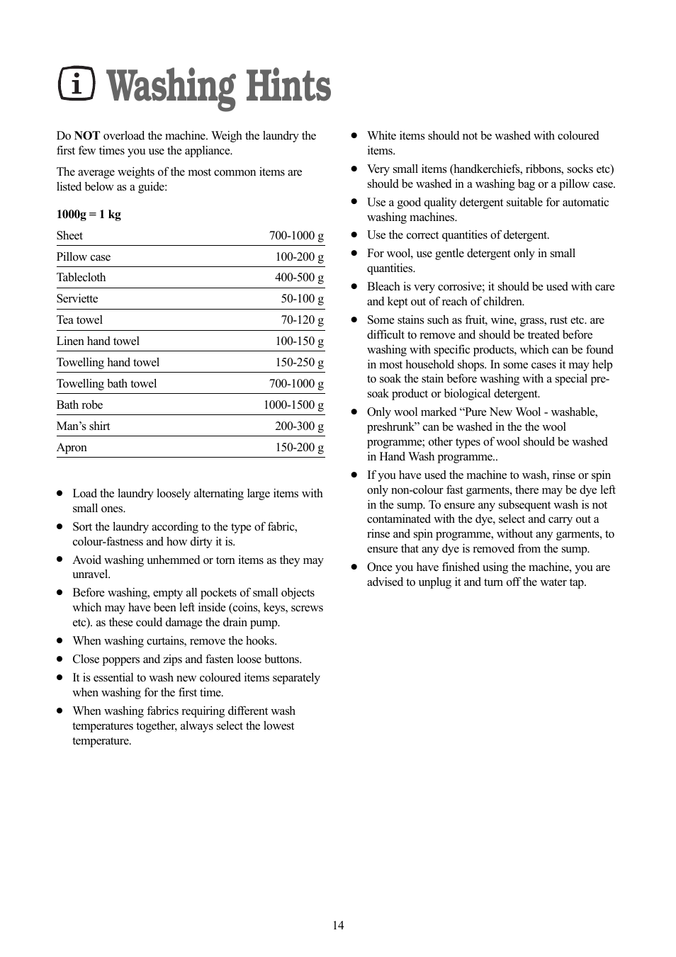 Washing hints | Zanussi ZWF 1437 W User Manual | Page 14 / 28