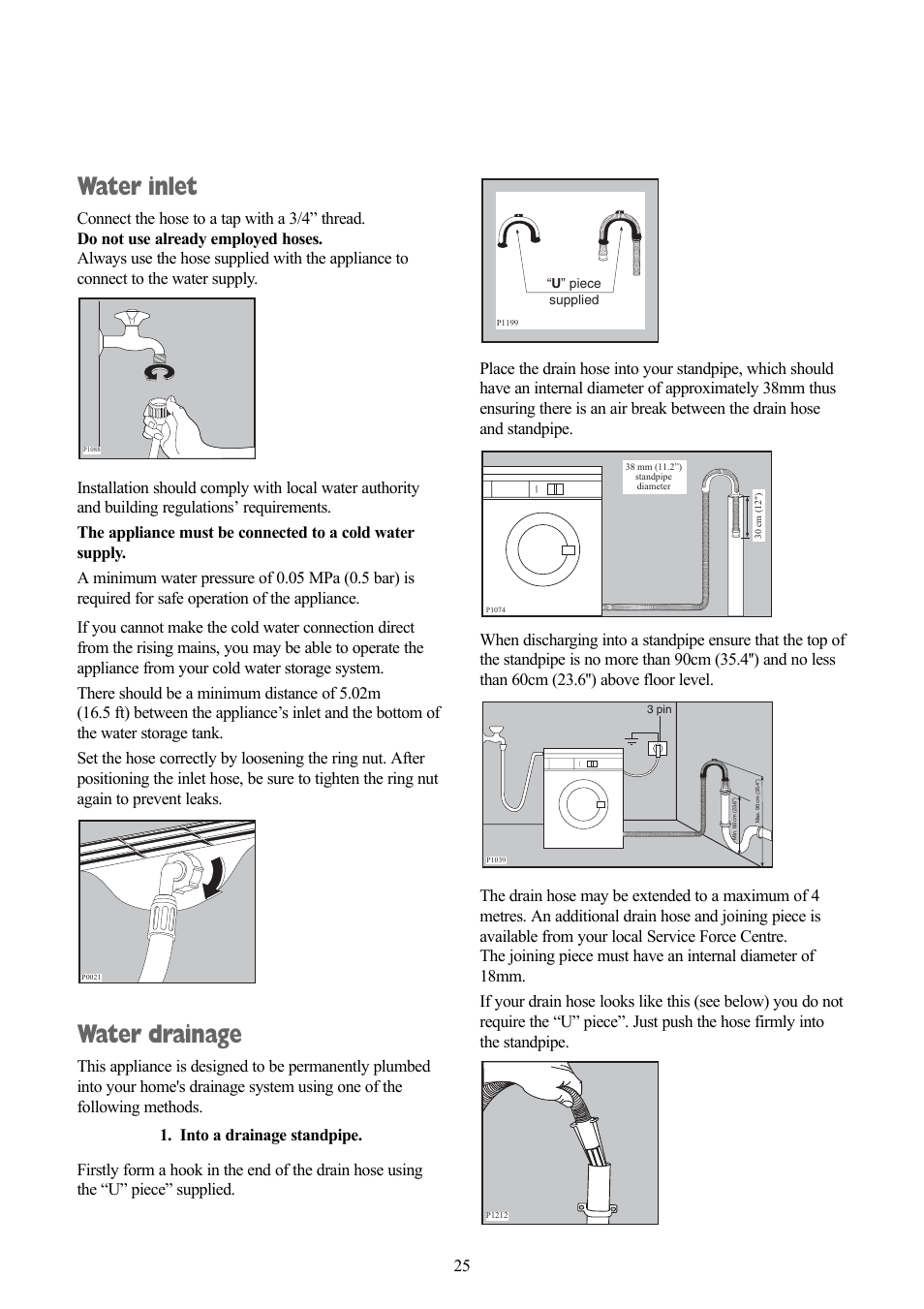 Water inlet, Water drainage | Zanussi ZWF 1437 W User Manual | Page 25 / 28