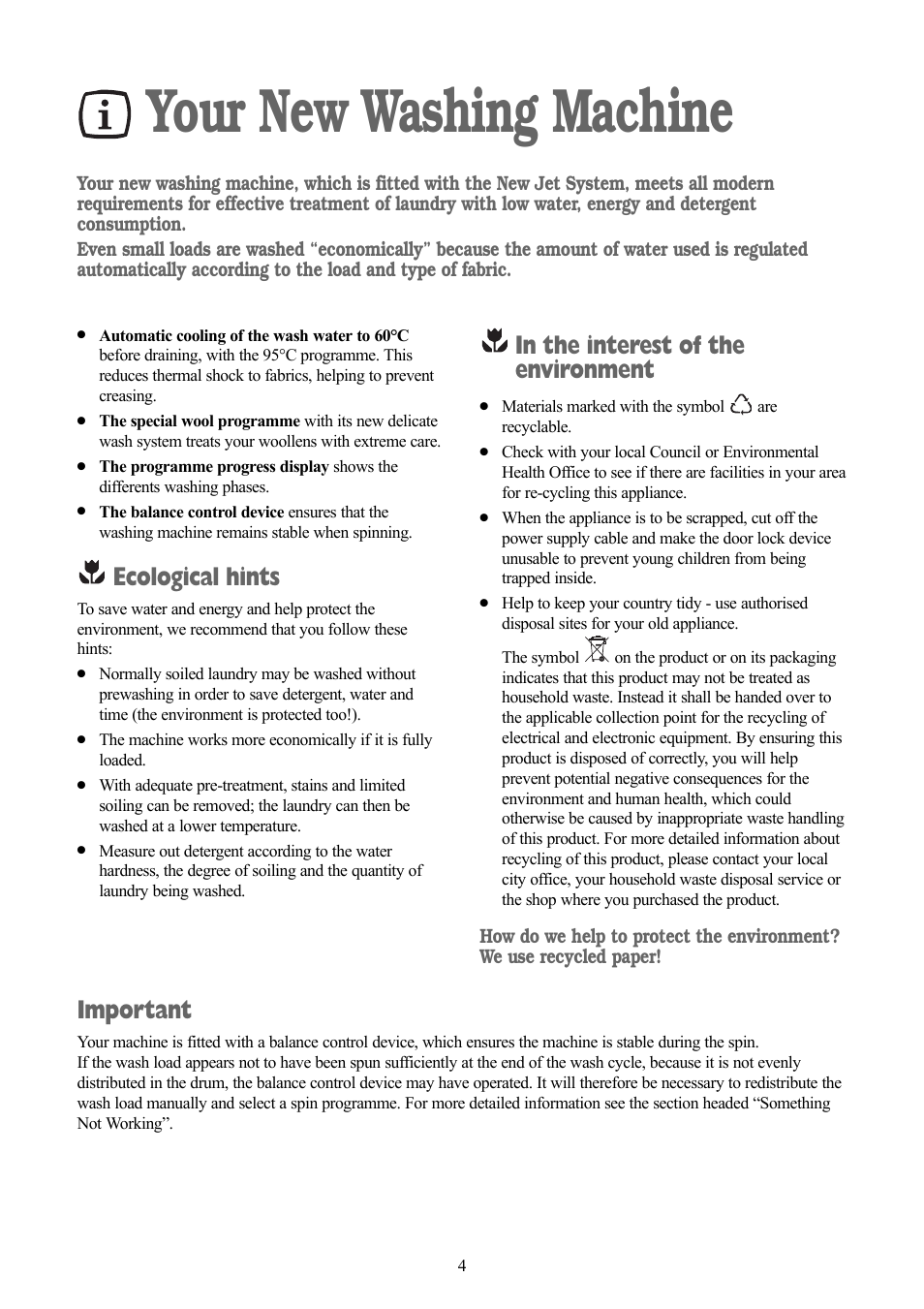 Your new washing machine, Ecological hints, Important | Zanussi ZWF 1437 W User Manual | Page 4 / 28