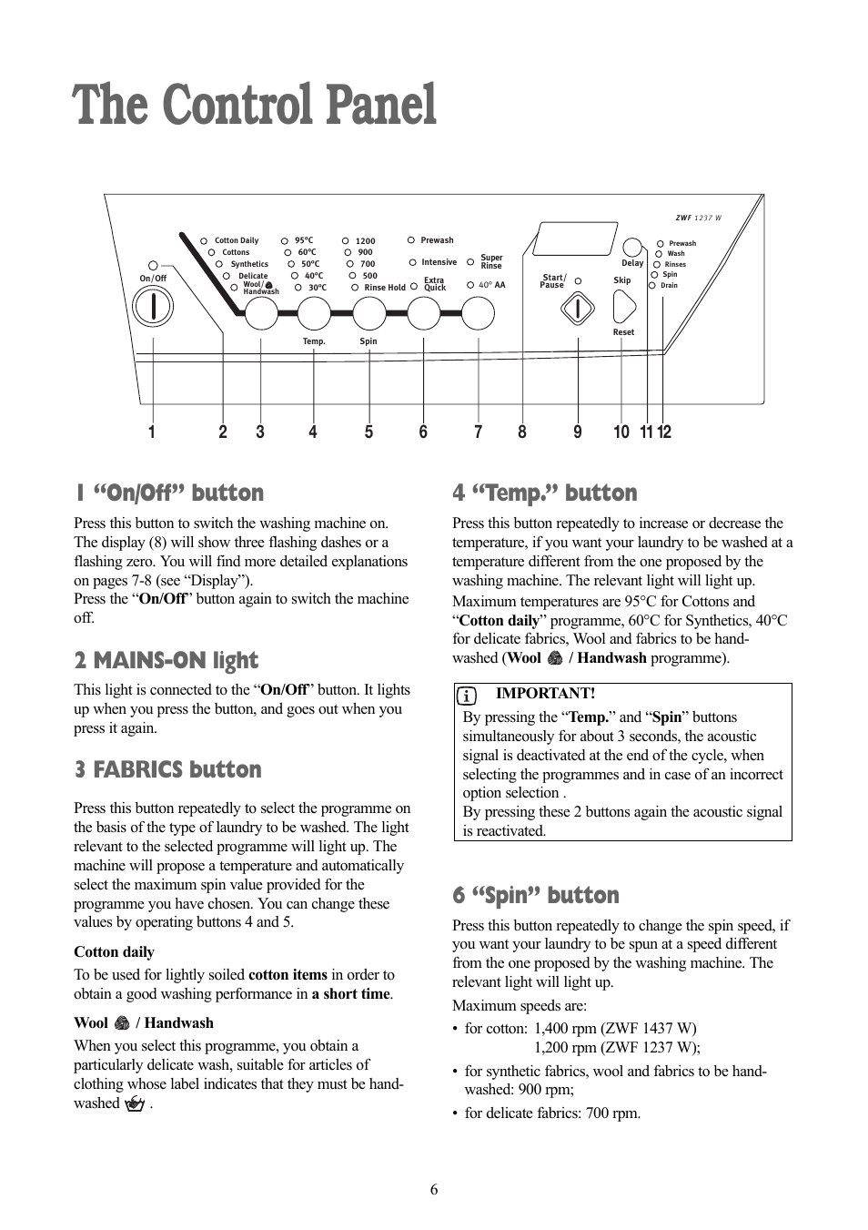 The control panel, 1 “on/off” button, 2 mains-on light | 3 fabrics button, 4 “temp.” button, 6 “spin” button | Zanussi ZWF 1437 W User Manual | Page 6 / 28