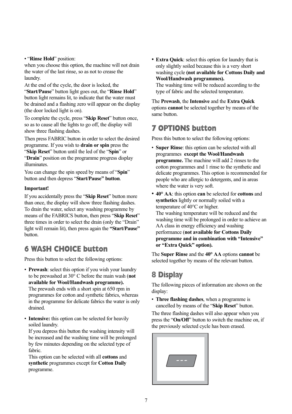 6 wash choice button, 7 options button, 8 display | Zanussi ZWF 1437 W User Manual | Page 7 / 28