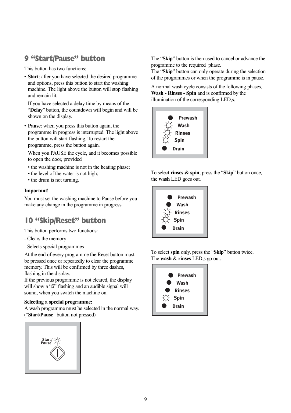 9 “start/pause” button, 10 “skip/reset” button | Zanussi ZWF 1437 W User Manual | Page 9 / 28