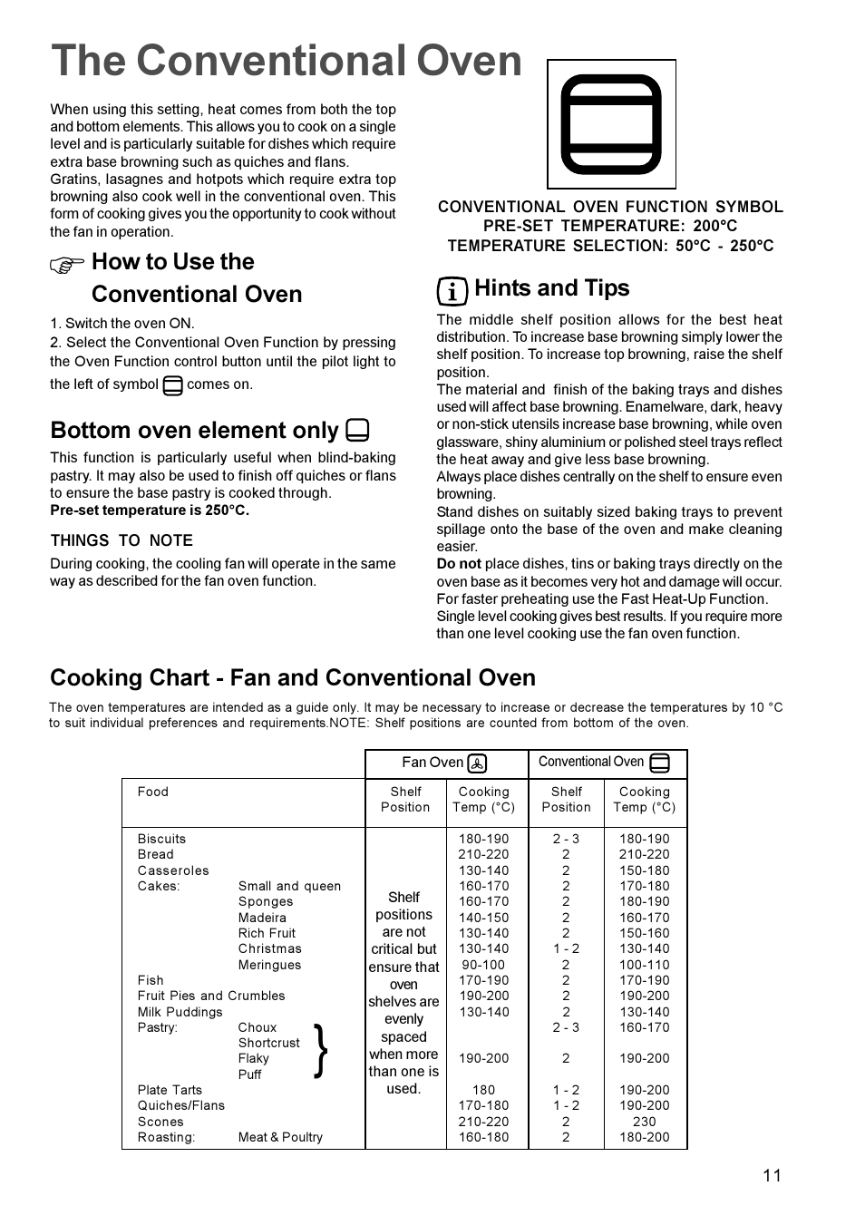 The conventional oven, How to use the conventional oven, Bottom oven element only | Hints and tips, Cooking chart - fan and conventional oven | Zanussi ZBM 972 User Manual | Page 11 / 24