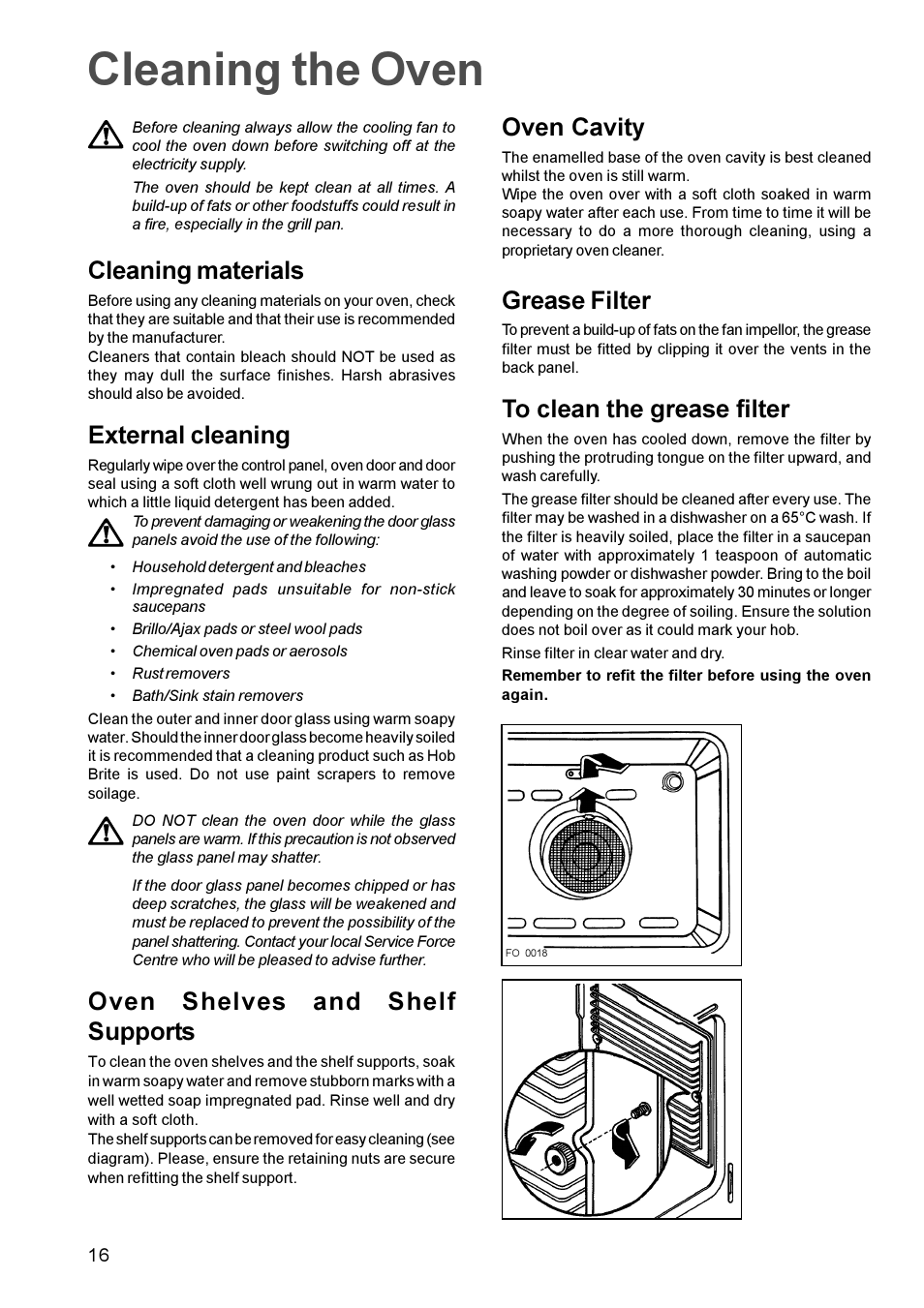 Cleaning the oven, Cleaning materials, External cleaning | Oven shelves and shelf supports, Oven cavity, Grease filter | Zanussi ZBM 972 User Manual | Page 16 / 24