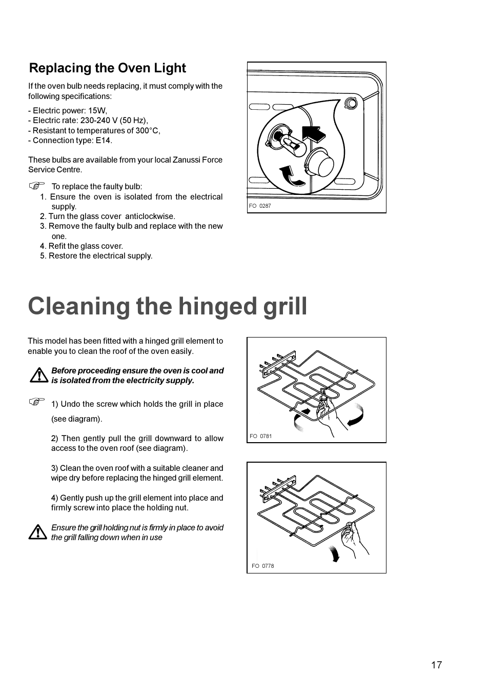 Cleaning the hinged grill, Replacing the oven light | Zanussi ZBM 972 User Manual | Page 17 / 24