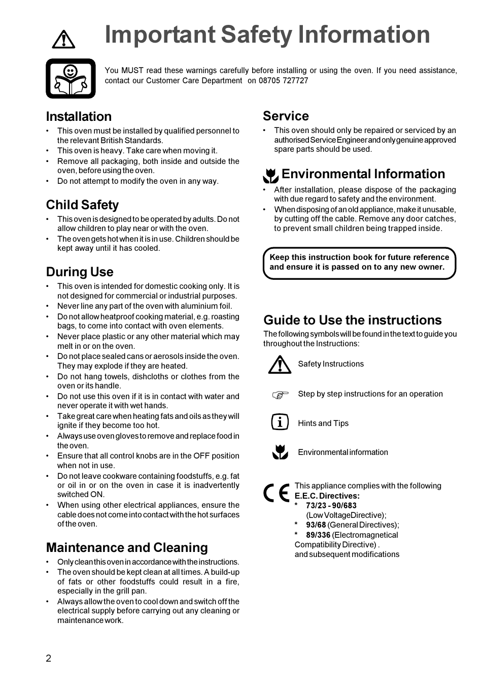 Important safety information, Installation, Child safety | During use, Maintenance and cleaning, Guide to use the instructions, Service, Environmental information | Zanussi ZBM 972 User Manual | Page 2 / 24