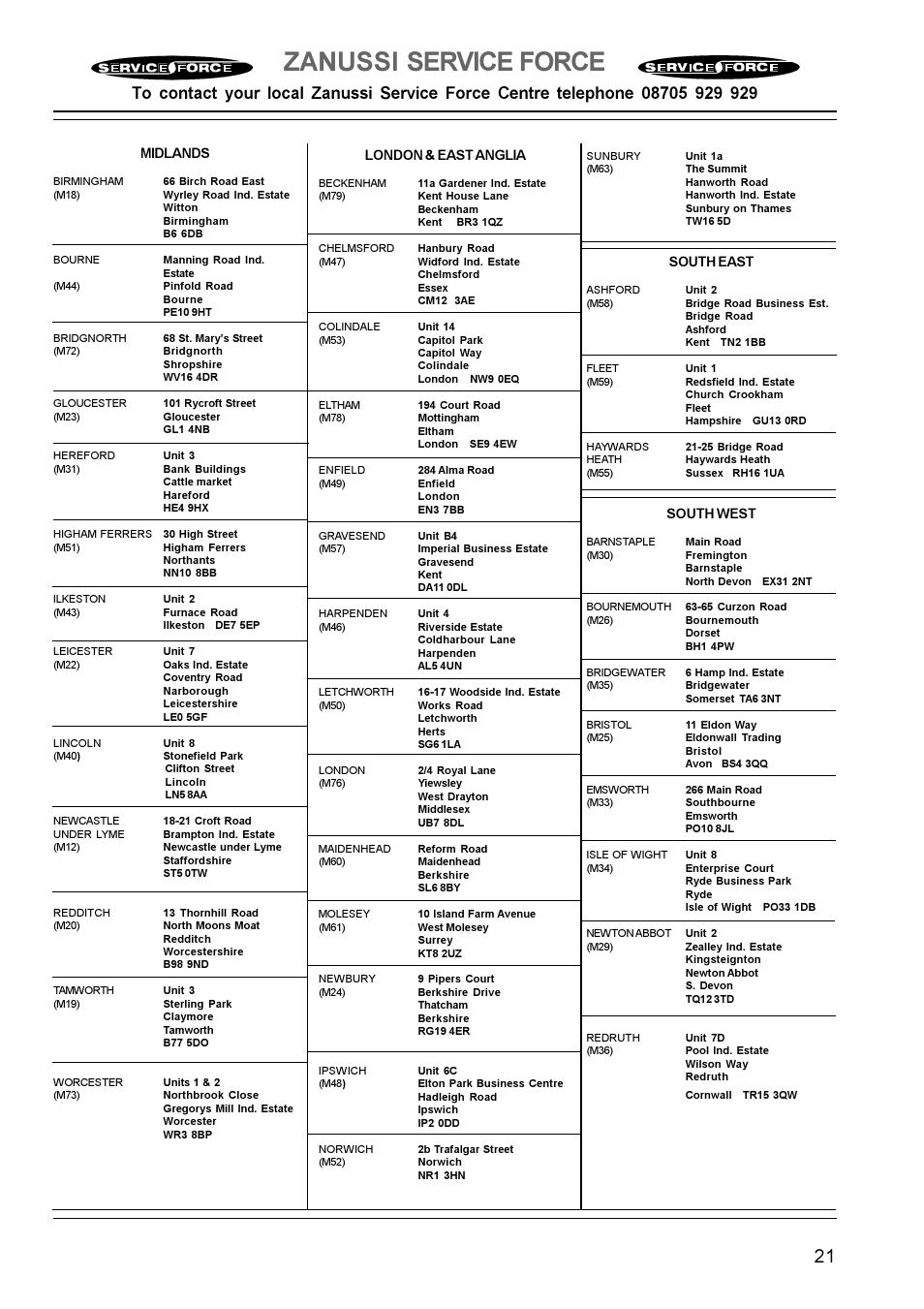 Zanussi service force | Zanussi ZBM 972 User Manual | Page 21 / 24