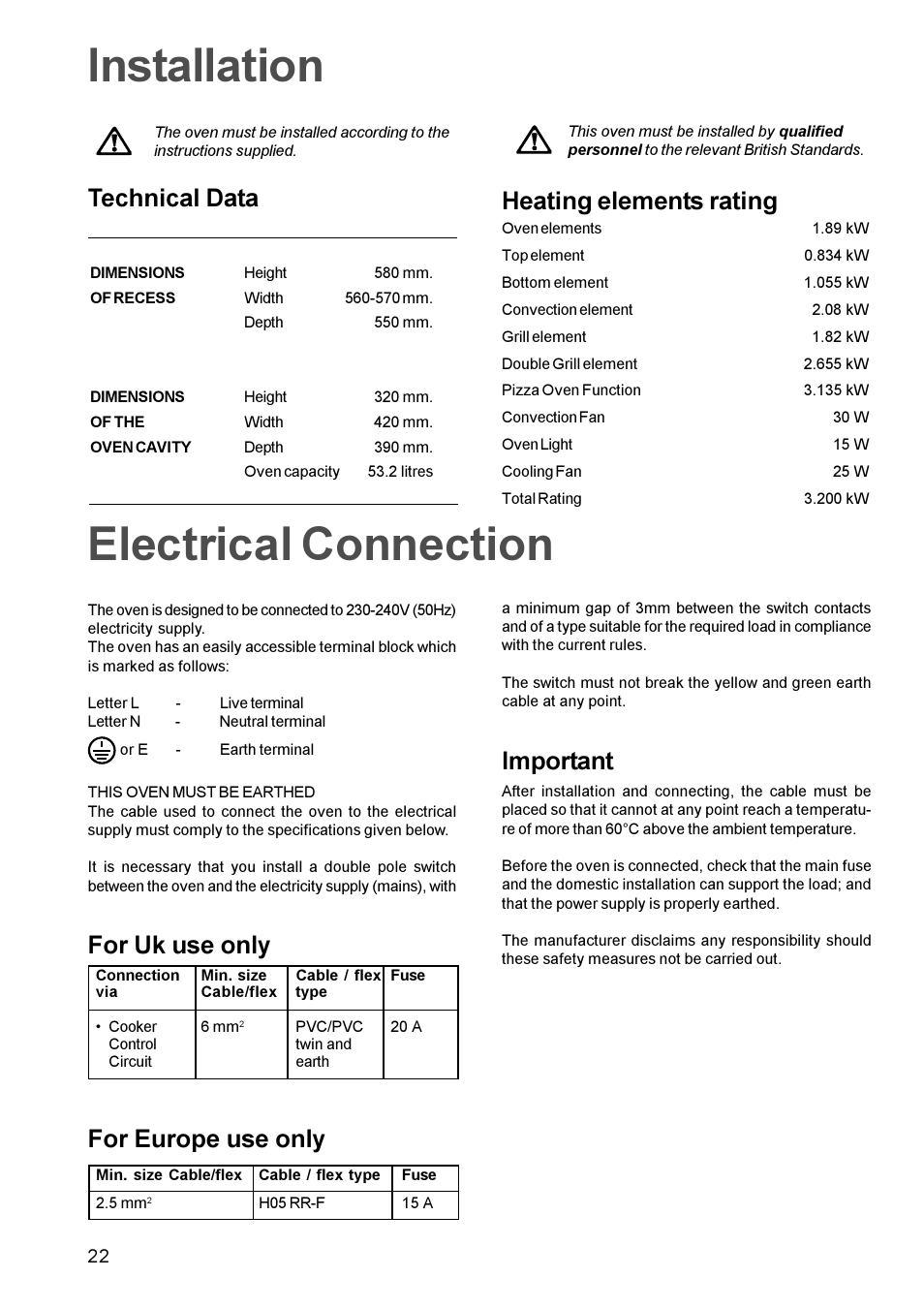 Electrical connection, Installation, Important | Heating elements rating, Technical data, For uk use only for europe use only | Zanussi ZBM 972 User Manual | Page 22 / 24