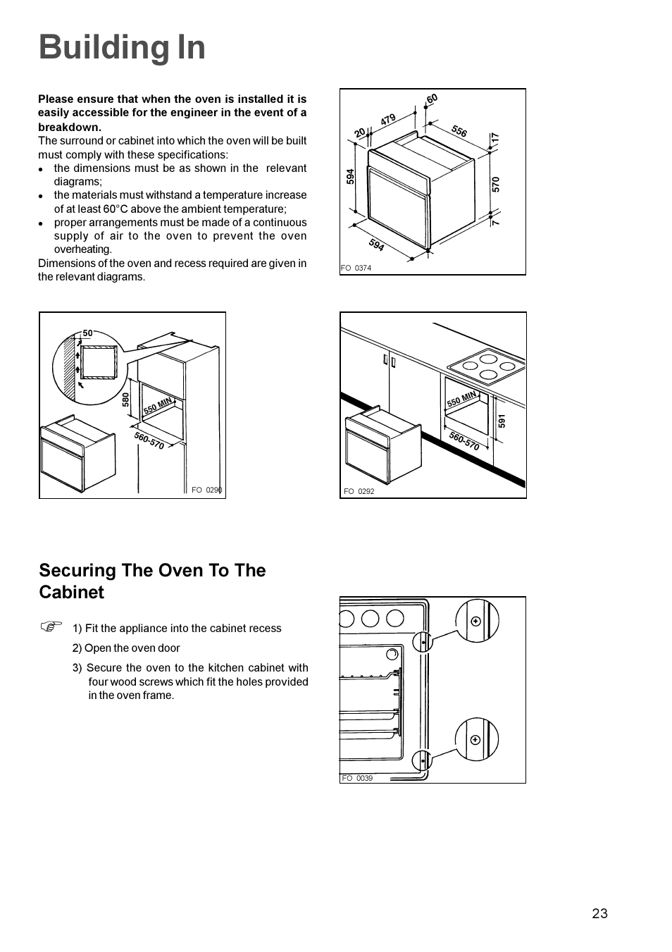 Building in, Securing the oven to the cabinet | Zanussi ZBM 972 User Manual | Page 23 / 24