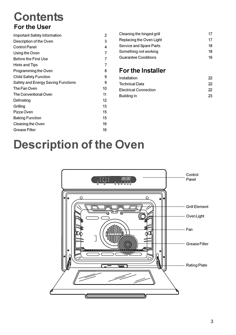 Contents description of the oven, For the user, For the installer | Zanussi ZBM 972 User Manual | Page 3 / 24