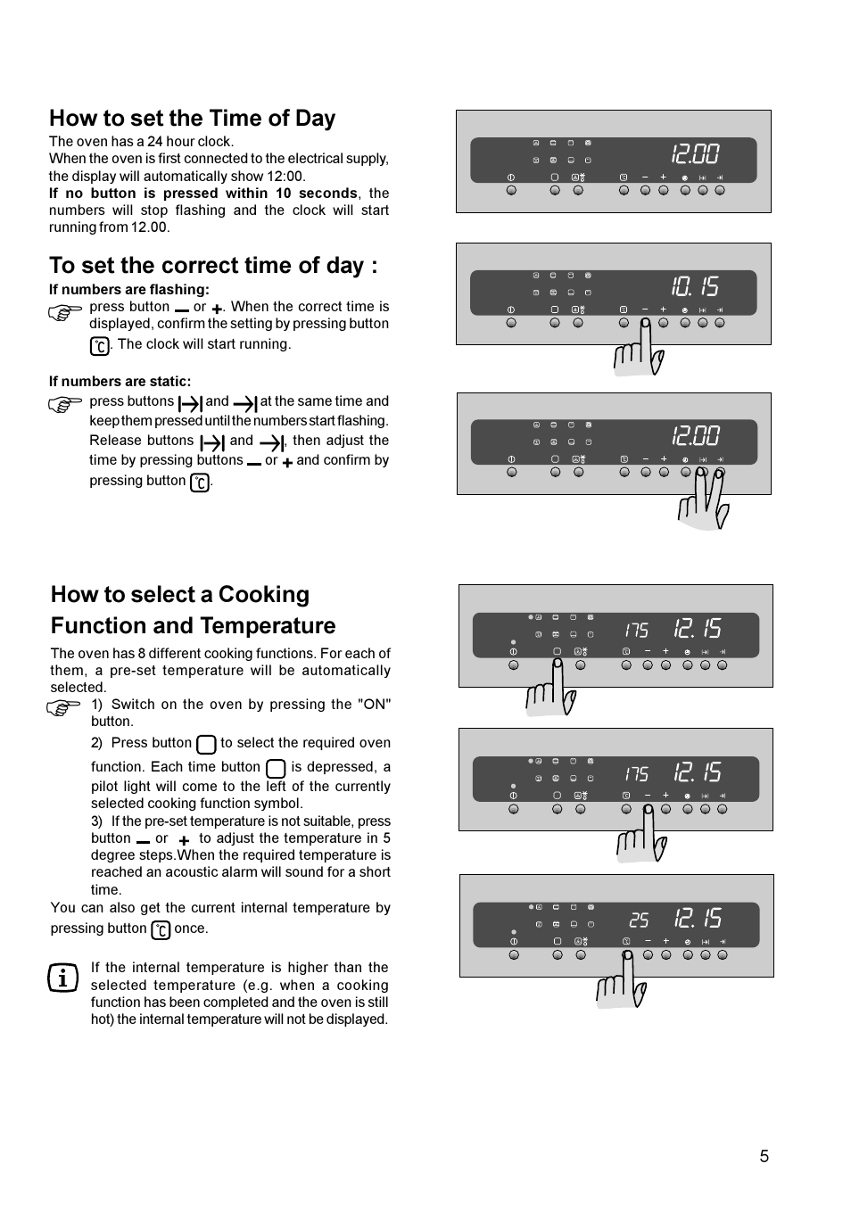 How to select a cooking function and temperature, How to set the time of day | Zanussi ZBM 972 User Manual | Page 5 / 24