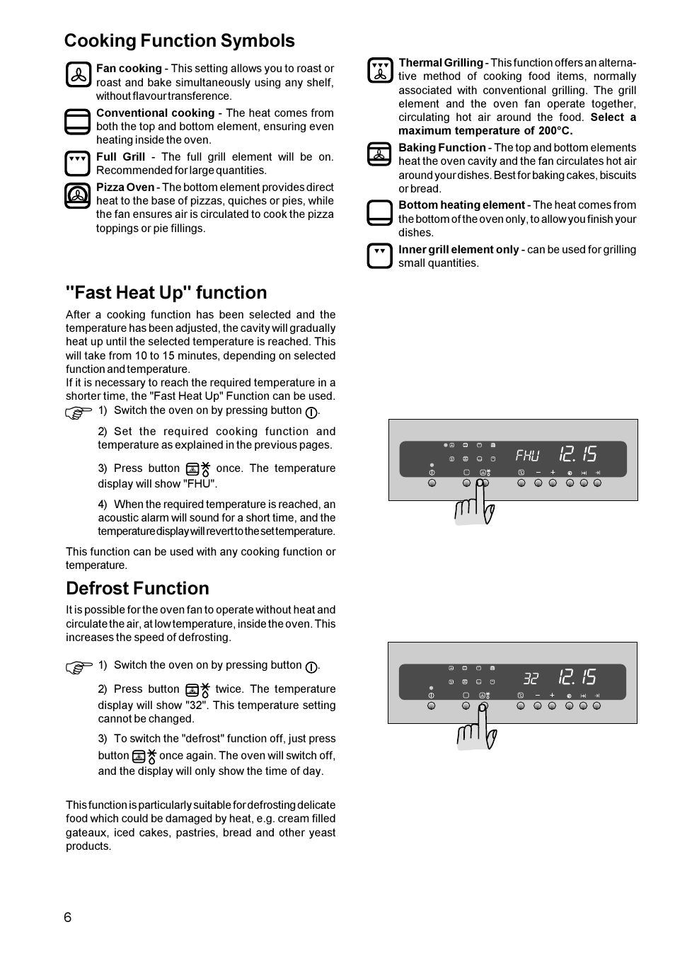 Cooking function symbols, Fast heat up" function, Defrost function | Zanussi ZBM 972 User Manual | Page 6 / 24