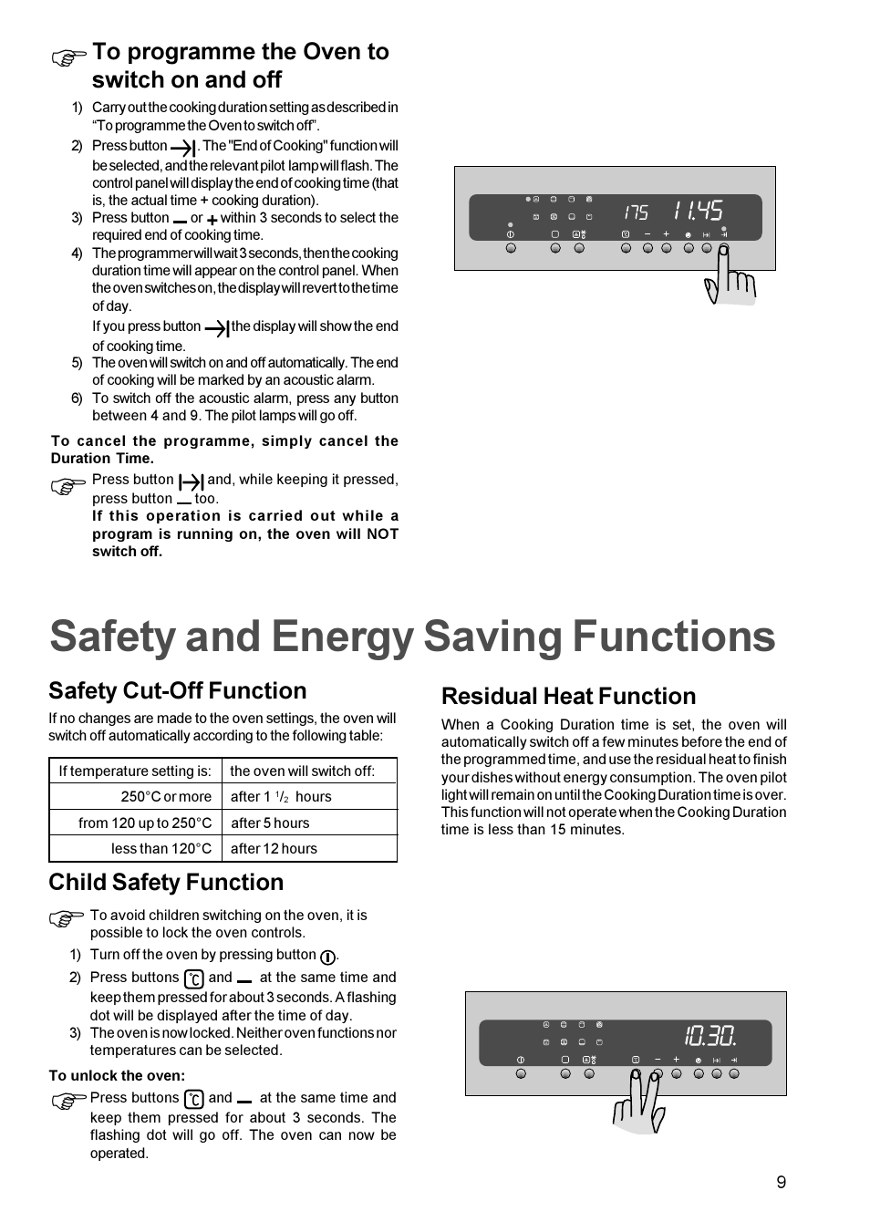 Safety and energy saving functions f f, Safety cut-off function, Child safety function | Residual heat function | Zanussi ZBM 972 User Manual | Page 9 / 24