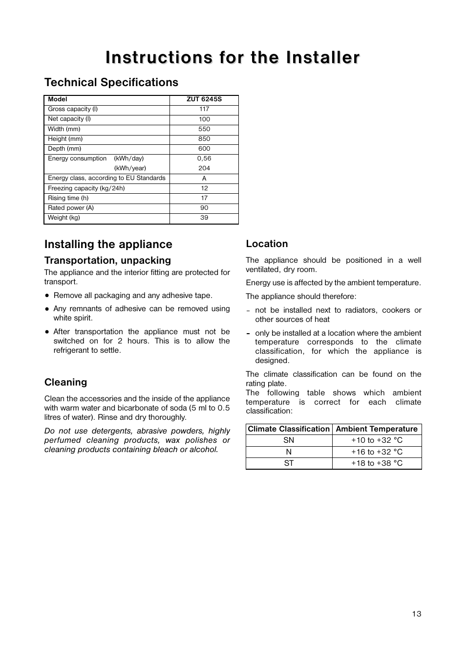 Installing the appliance, Technical specifications | Zanussi ZUT 6245S User Manual | Page 13 / 16