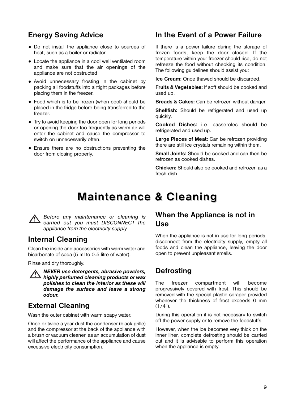 Maint, Maint enance & cleaning enance & cleaning, Energy saving advice | Internal cleaning, External cleaning, When the appliance is not in use, Defrosting | Zanussi ZUT 6245S User Manual | Page 9 / 16