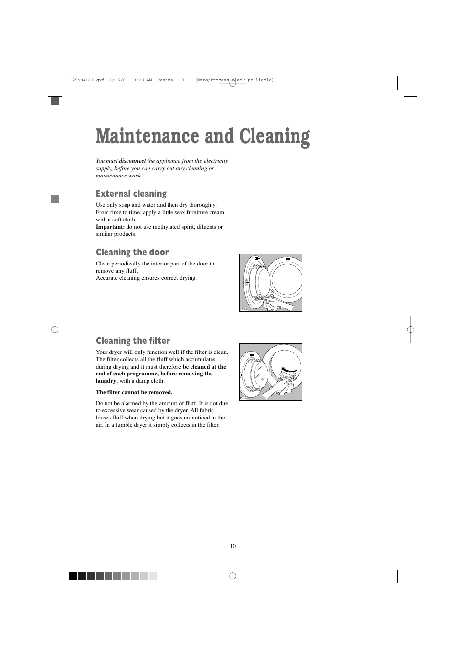 Maintenance and cleaning, External cleaning, Cleaning the door | Cleaning the filter | Zanussi TDS 383 W User Manual | Page 10 / 20