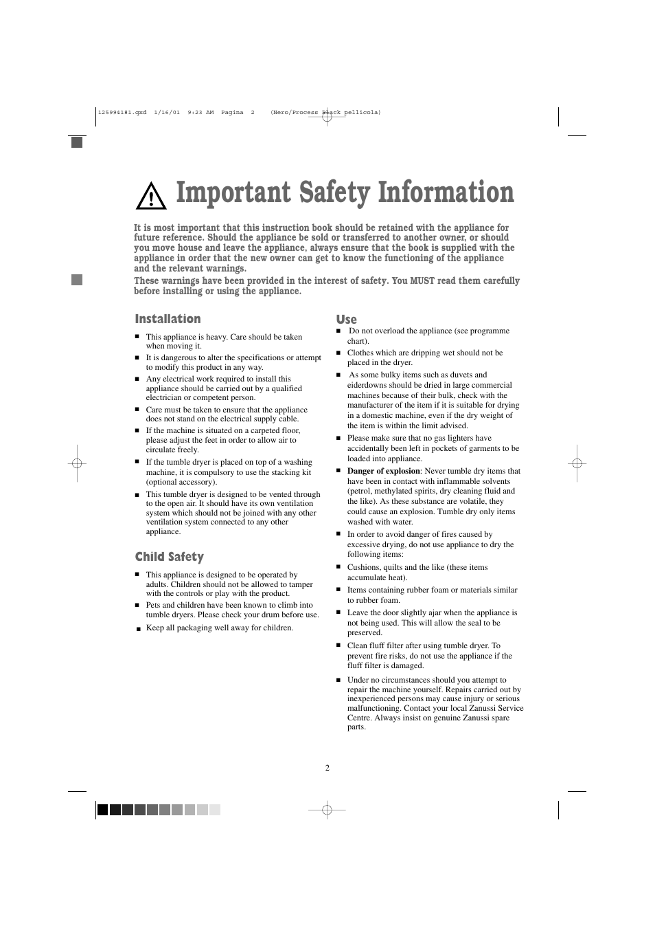 Important safety information, Installation, Child safety | Zanussi TDS 383 W User Manual | Page 2 / 20