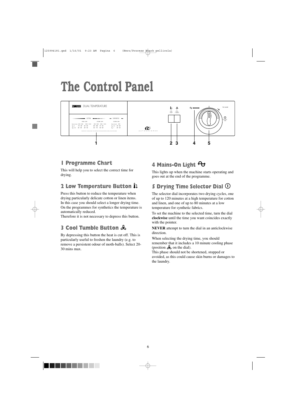 The control panel, 1 programme chart, 2 low temperature button | 3 cool tumble button, 4 mains-on light, 5 drying time selector dial | Zanussi TDS 383 W User Manual | Page 6 / 20