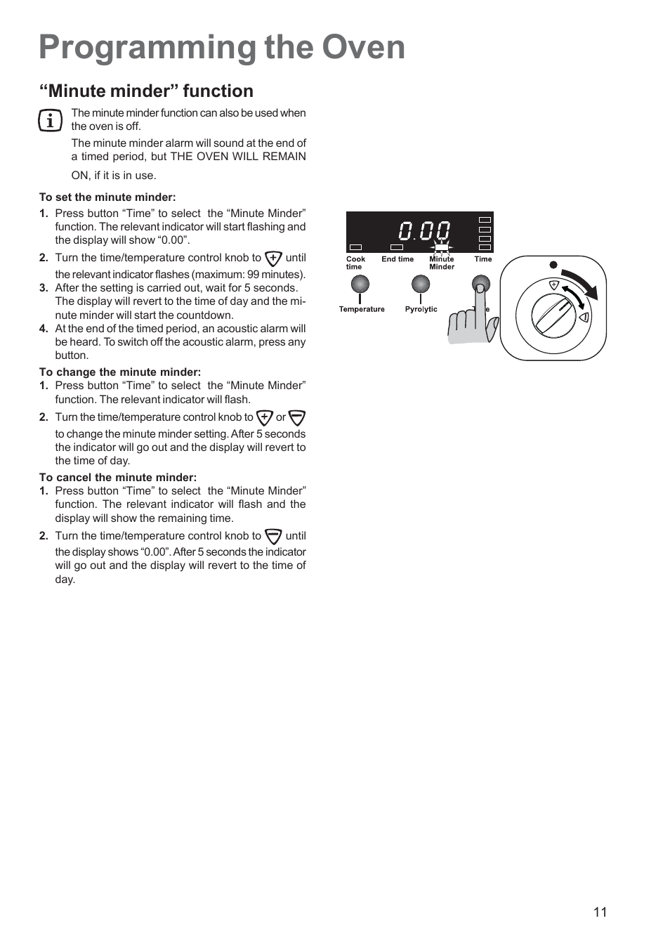 Programming the oven, Minute minder” function | Zanussi ZCE 651 User Manual | Page 11 / 32
