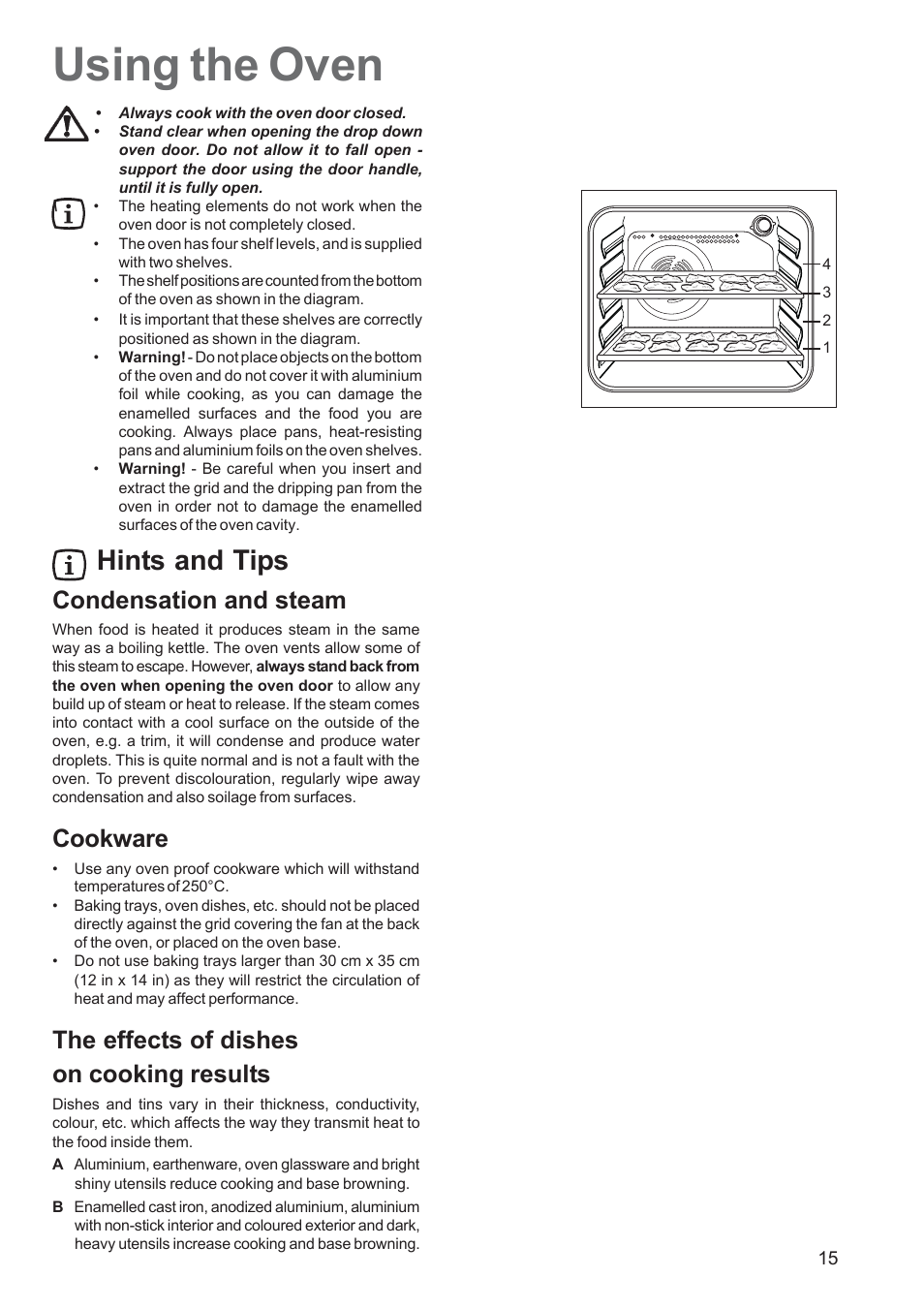 Using the oven, Hints and tips, Condensation and steam | Cookware, The effects of dishes on cooking results | Zanussi ZCE 651 User Manual | Page 15 / 32
