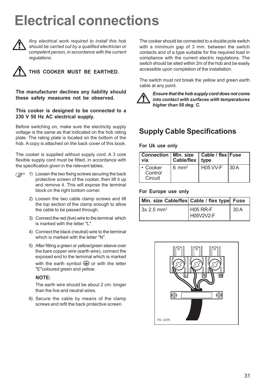 Electrical connections, Supply cable specifications | Zanussi ZCE 651 User Manual | Page 31 / 32