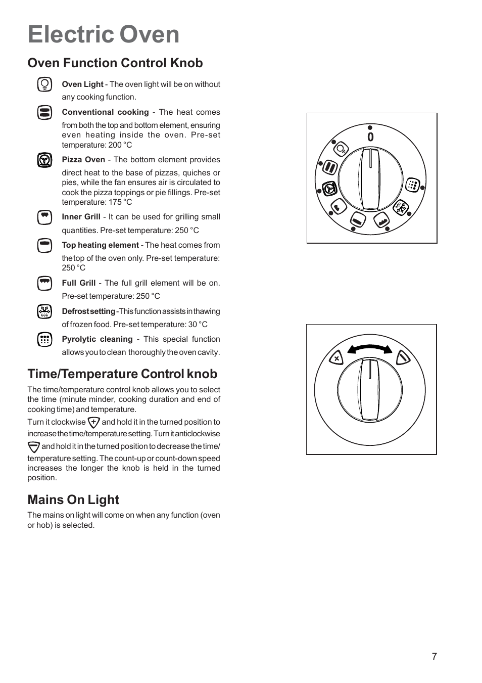 Electric oven, Oven function control knob, Time/temperature control knob | Mains on light | Zanussi ZCE 651 User Manual | Page 7 / 32