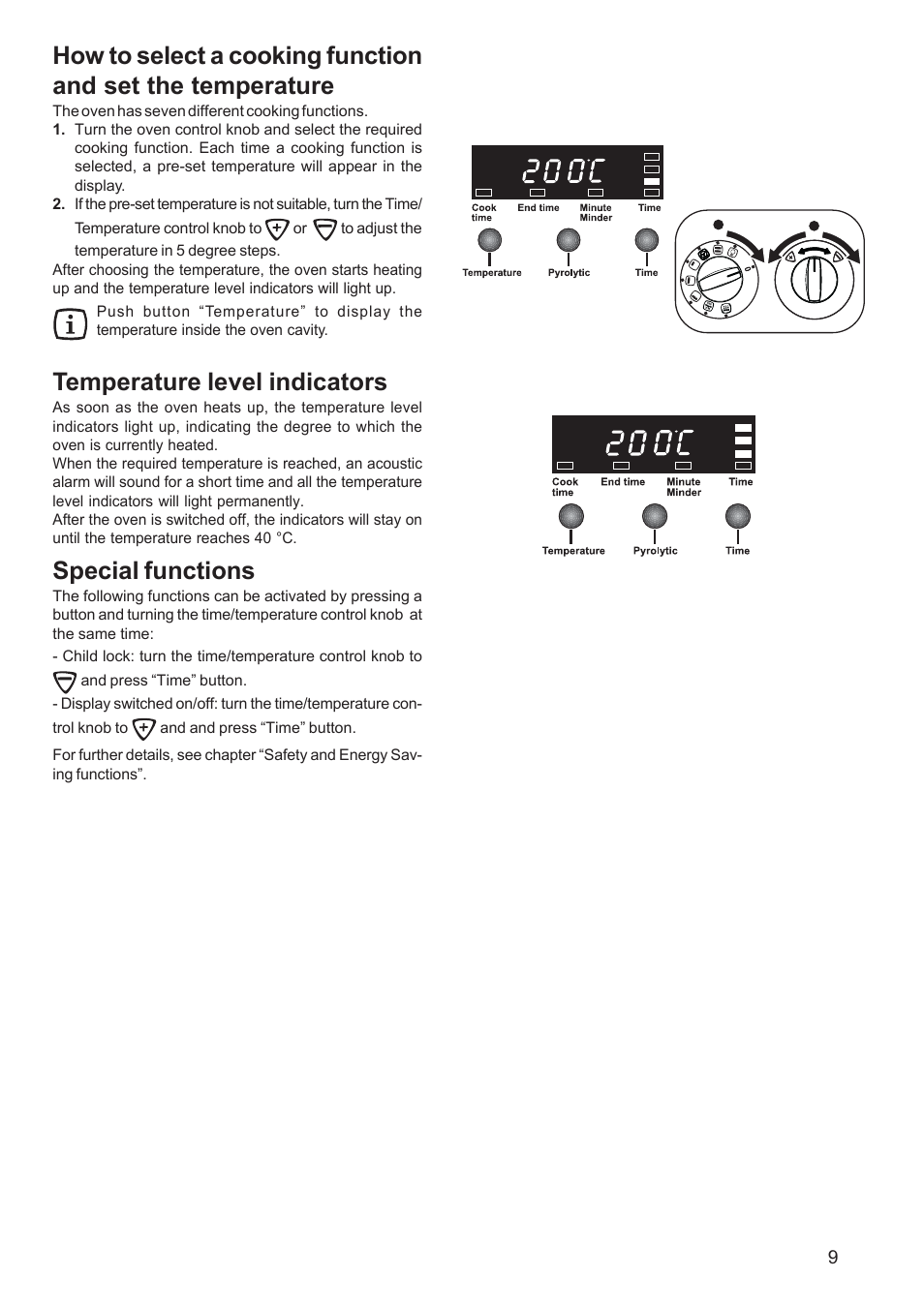 Temperature level indicators, Special functions | Zanussi ZCE 651 User Manual | Page 9 / 32
