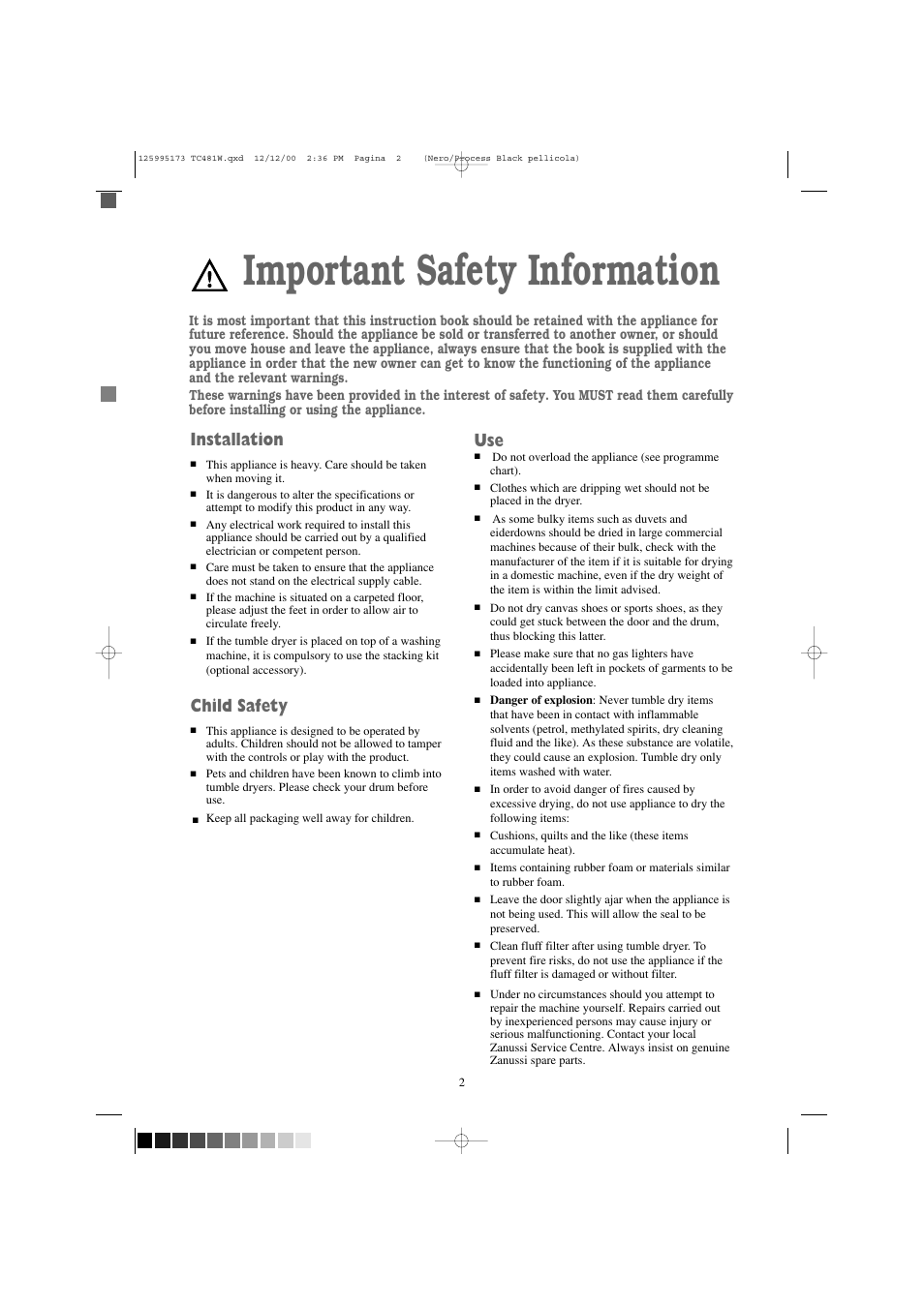 Important safety information, Installation, Child safety | Zanussi TC 481 W User Manual | Page 2 / 18