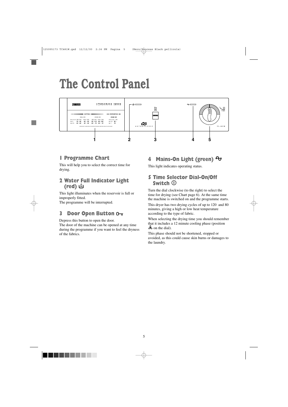 The control panel, 1 programme chart, 2 water full indicator light (red) | 3 door open button, 4 mains-on light (green), 5 time selector dial-on/off switch | Zanussi TC 481 W User Manual | Page 5 / 18