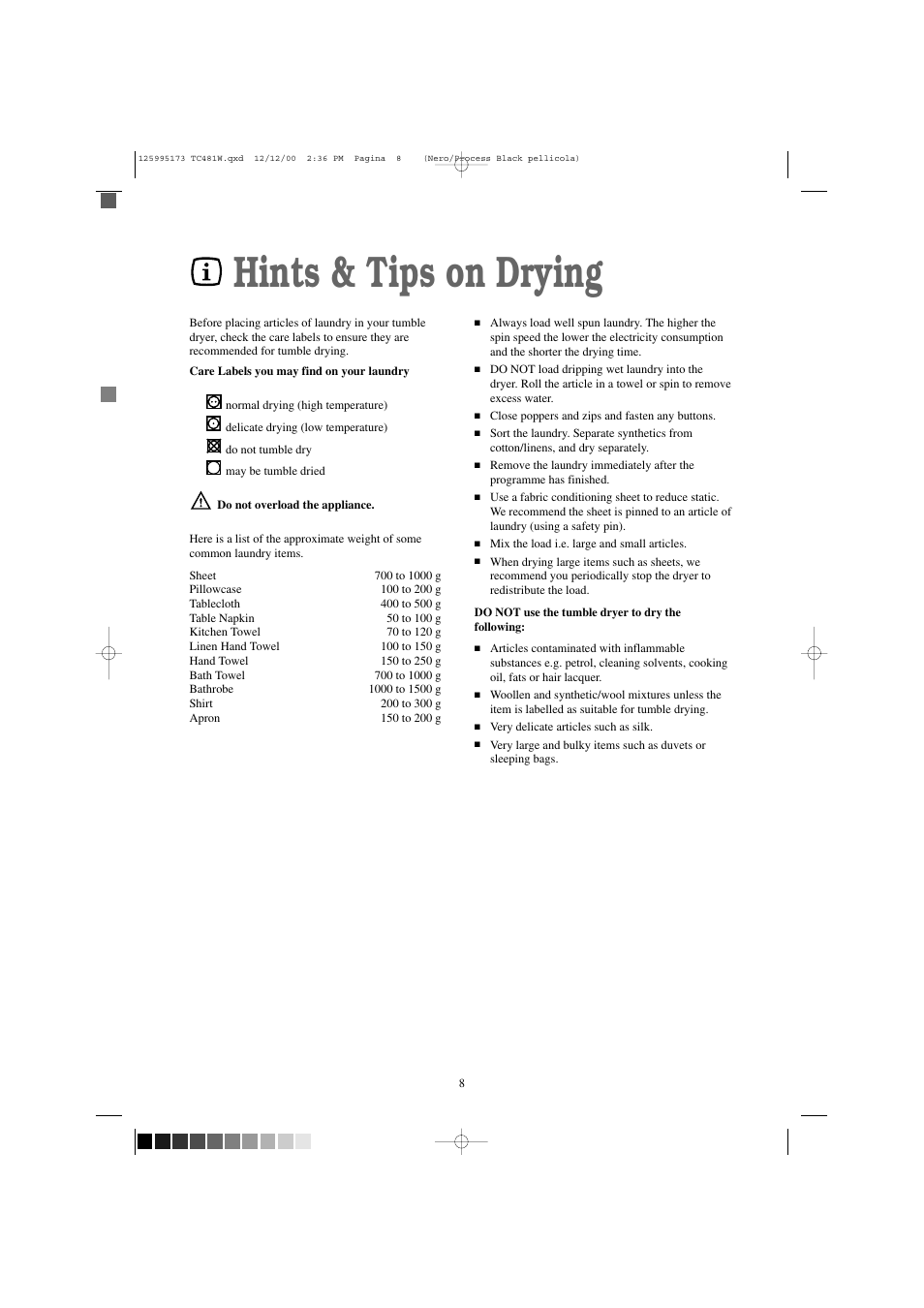 Hints & tips on drying | Zanussi TC 481 W User Manual | Page 8 / 18
