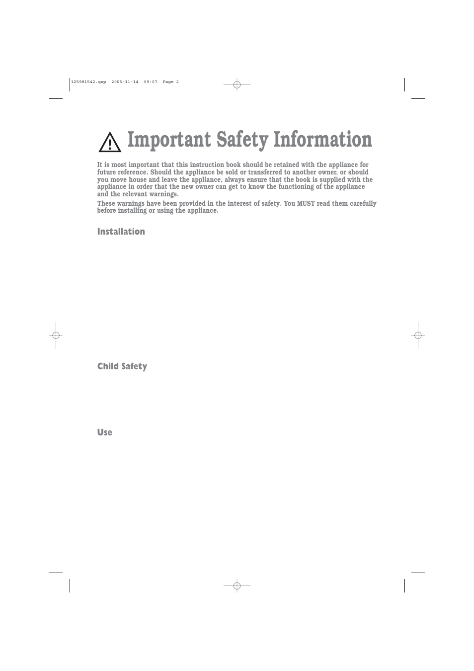 Important safety information, Installation, Child safety | Zanussi TC 7103 S User Manual | Page 2 / 16