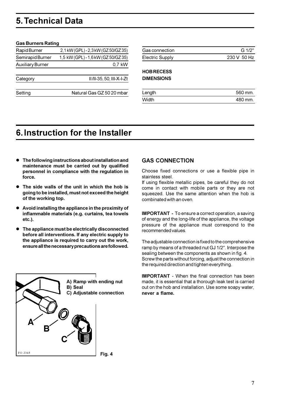 Technical data, Instruction for the installer | Zanussi ZGF 647 User Manual | Page 7 / 16