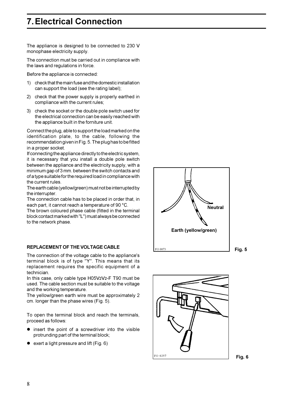 Electrical connection | Zanussi ZGF 647 User Manual | Page 8 / 16