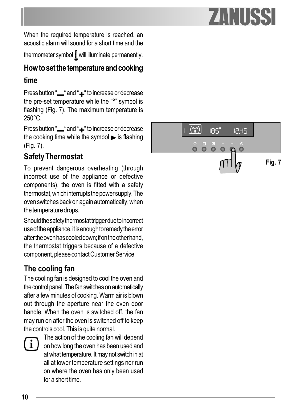 How to set the temperature and cooking time, Safety thermostat, The cooling fan | Zanussi ZOB 594 User Manual | Page 10 / 72