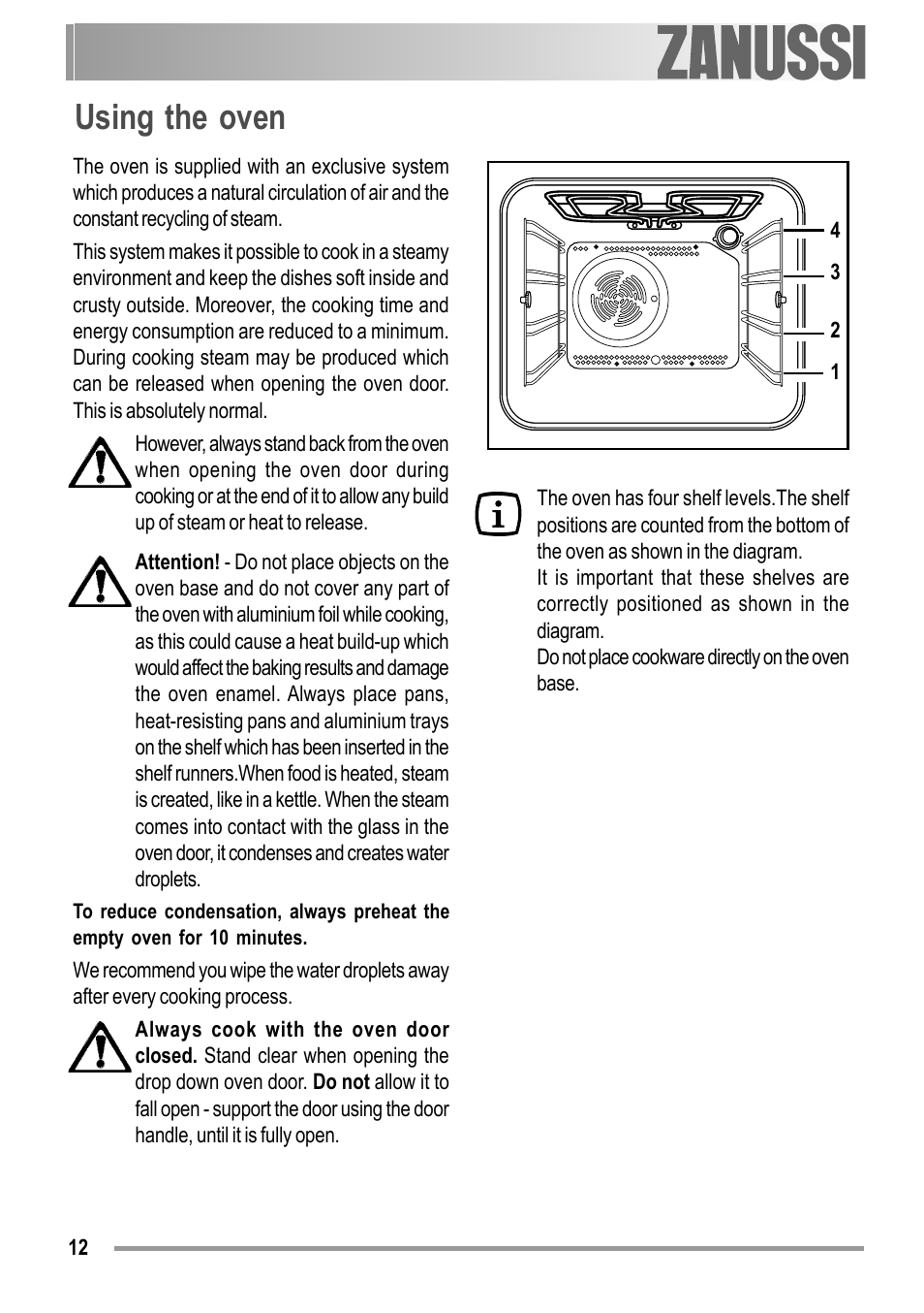 Using the oven | Zanussi ZOB 594 User Manual | Page 12 / 72