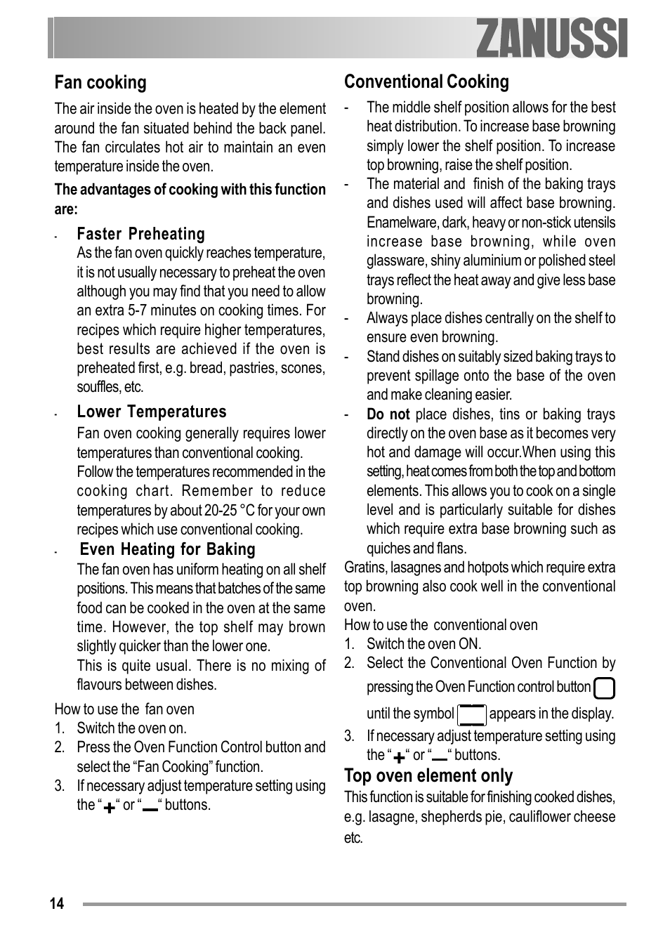 Fan cooking, Conventional cooking, Top oven element only | Zanussi ZOB 594 User Manual | Page 14 / 72