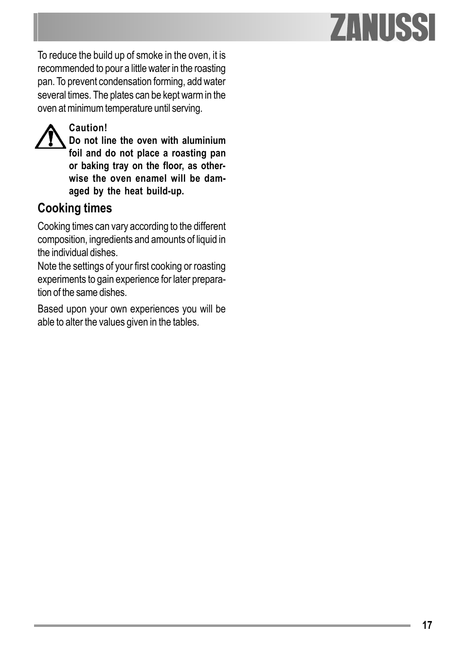 Cooking times | Zanussi ZOB 594 User Manual | Page 17 / 72