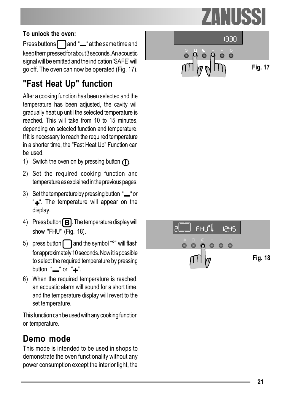 Fast heat up" function, Demo mode | Zanussi ZOB 594 User Manual | Page 21 / 72