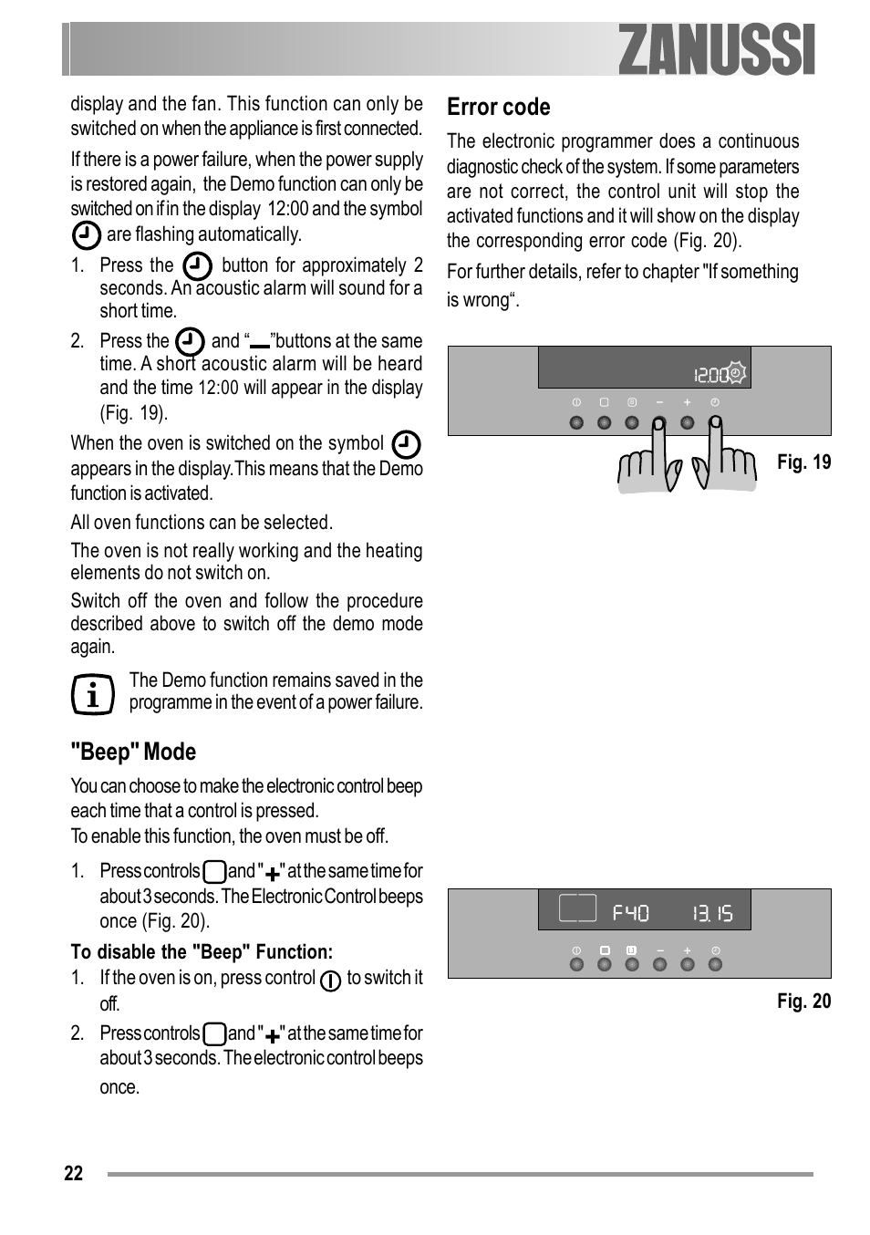 Beep" mode, Error code | Zanussi ZOB 594 User Manual | Page 22 / 72