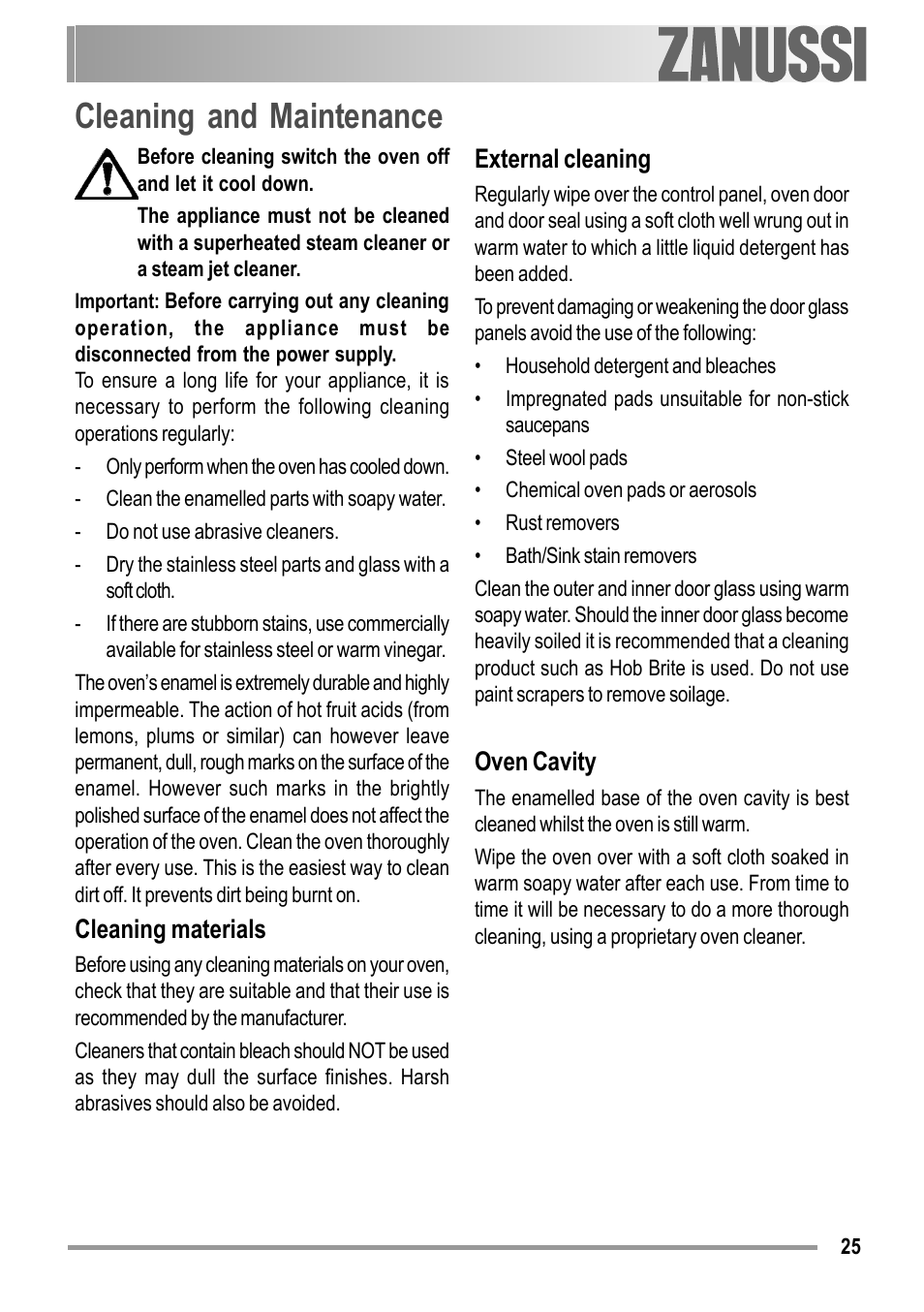 Cleaning and maintenance, Cleaning materials, External cleaning | Oven cavity | Zanussi ZOB 594 User Manual | Page 25 / 72