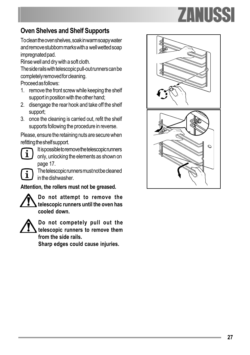 Oven shelves and shelf supports | Zanussi ZOB 594 User Manual | Page 27 / 72