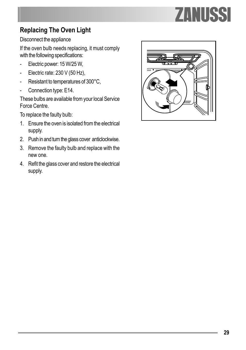 Replacing the oven light | Zanussi ZOB 594 User Manual | Page 29 / 72