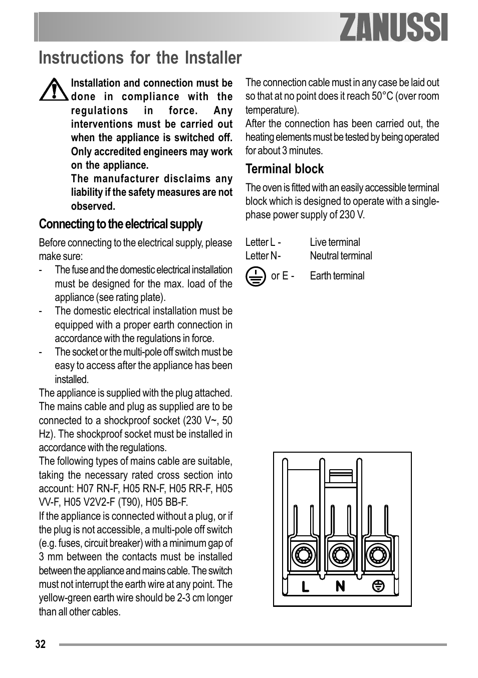 Instructions for the installer, Connecting to the electrical supply, Terminal block | Zanussi ZOB 594 User Manual | Page 32 / 72