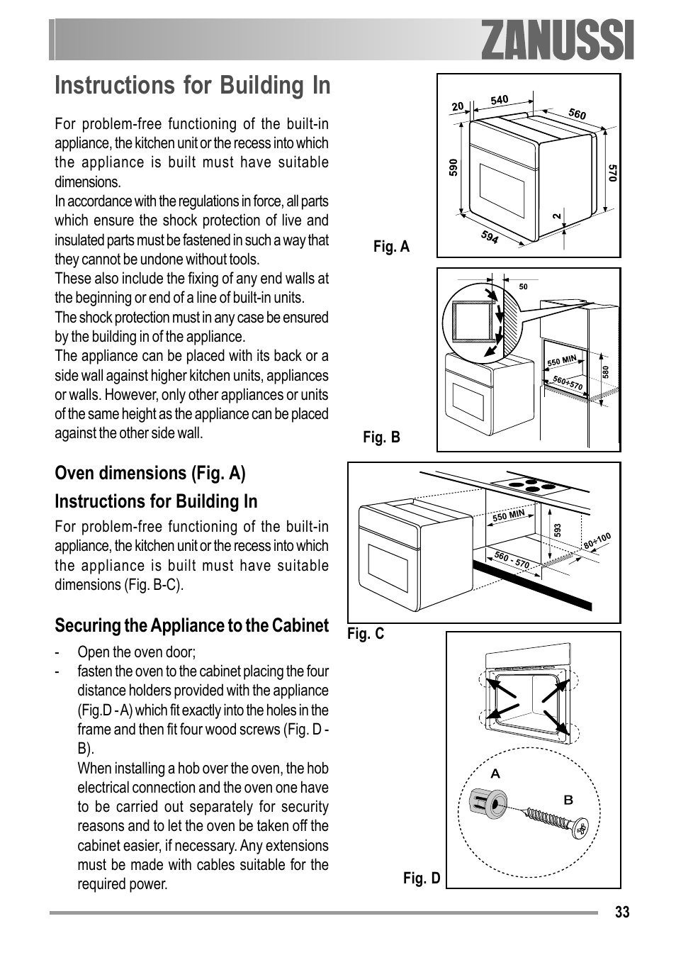 Instructions for building in, Securing the appliance to the cabinet | Zanussi ZOB 594 User Manual | Page 33 / 72