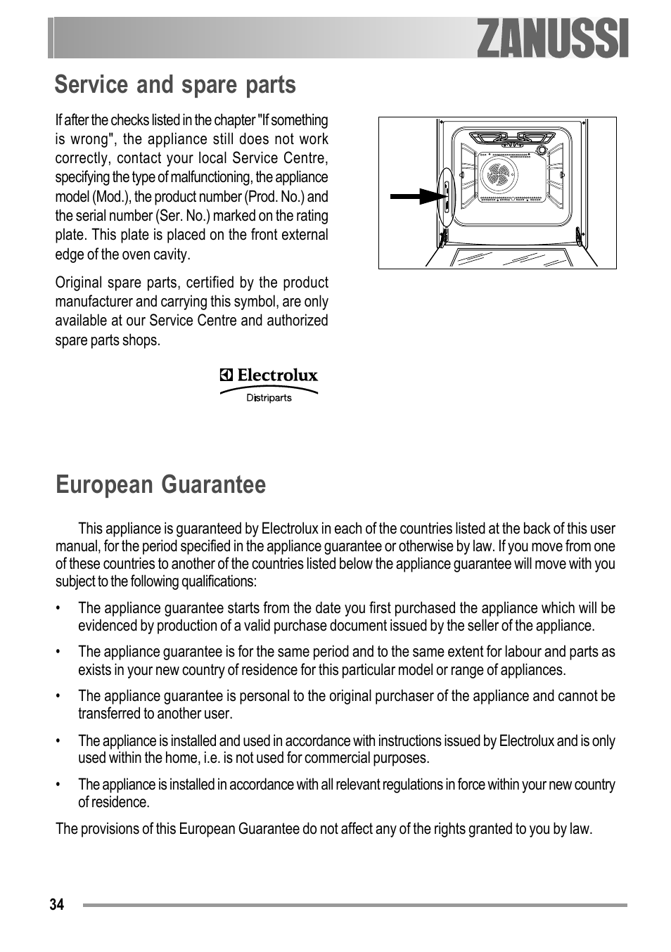 European guarantee, Service and spare parts | Zanussi ZOB 594 User Manual | Page 34 / 72