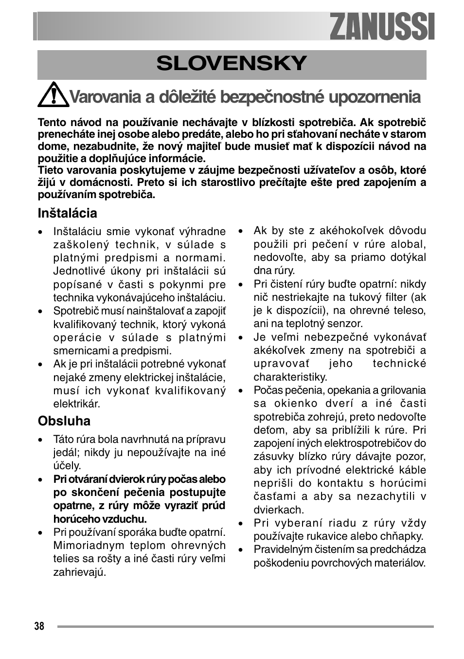 Slovensky, Varovania a dôležité bezpečnostné upozornenia, Inštalácia | Obsluha | Zanussi ZOB 594 User Manual | Page 38 / 72