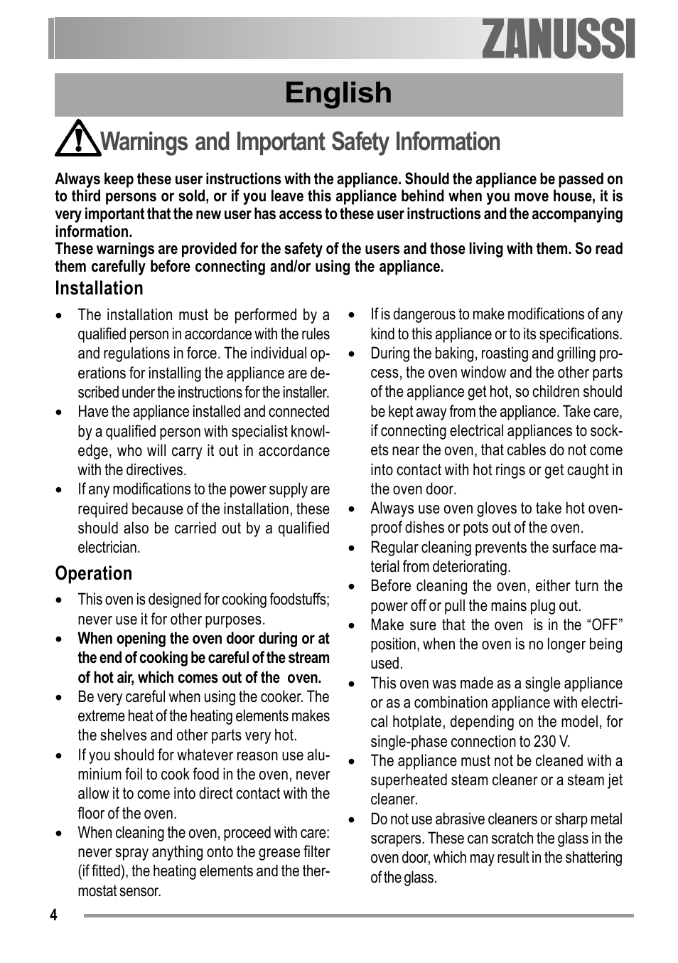 English, Warnings and important safety information, Installation | Operation | Zanussi ZOB 594 User Manual | Page 4 / 72