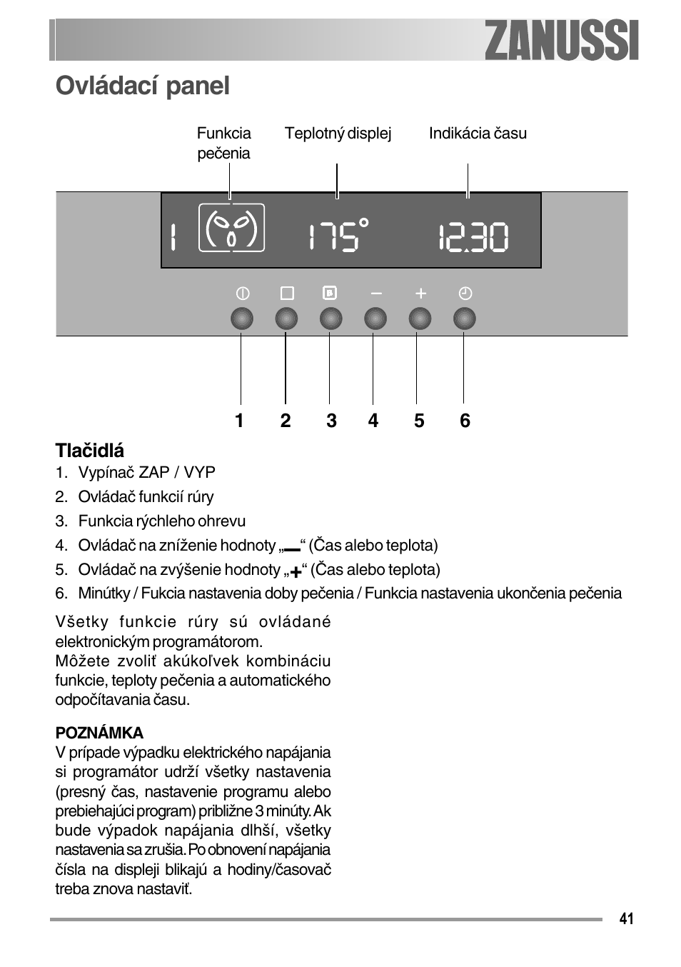 Ovládací panel | Zanussi ZOB 594 User Manual | Page 41 / 72