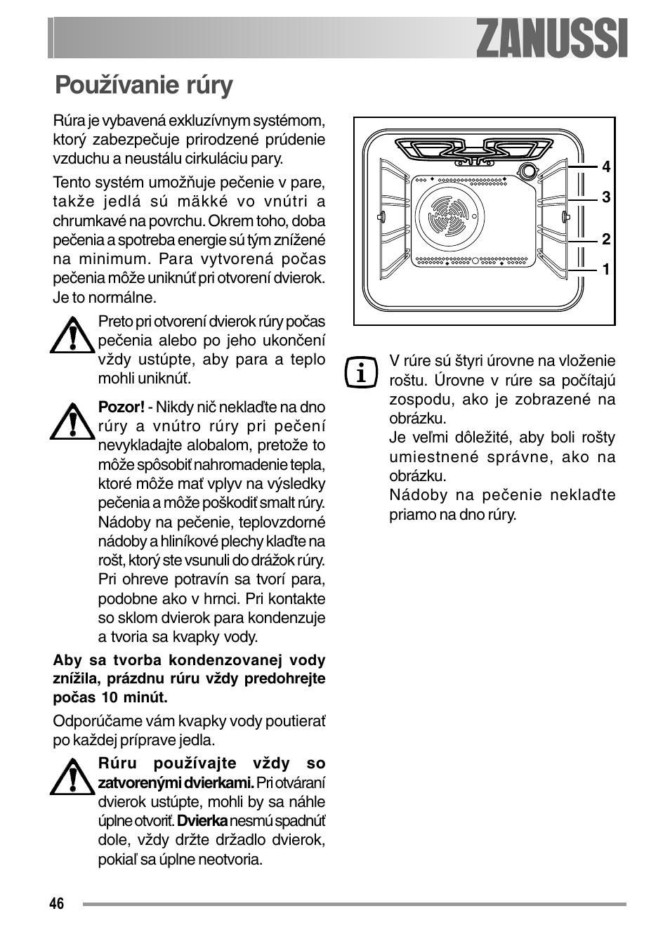 Používanie rúry | Zanussi ZOB 594 User Manual | Page 46 / 72